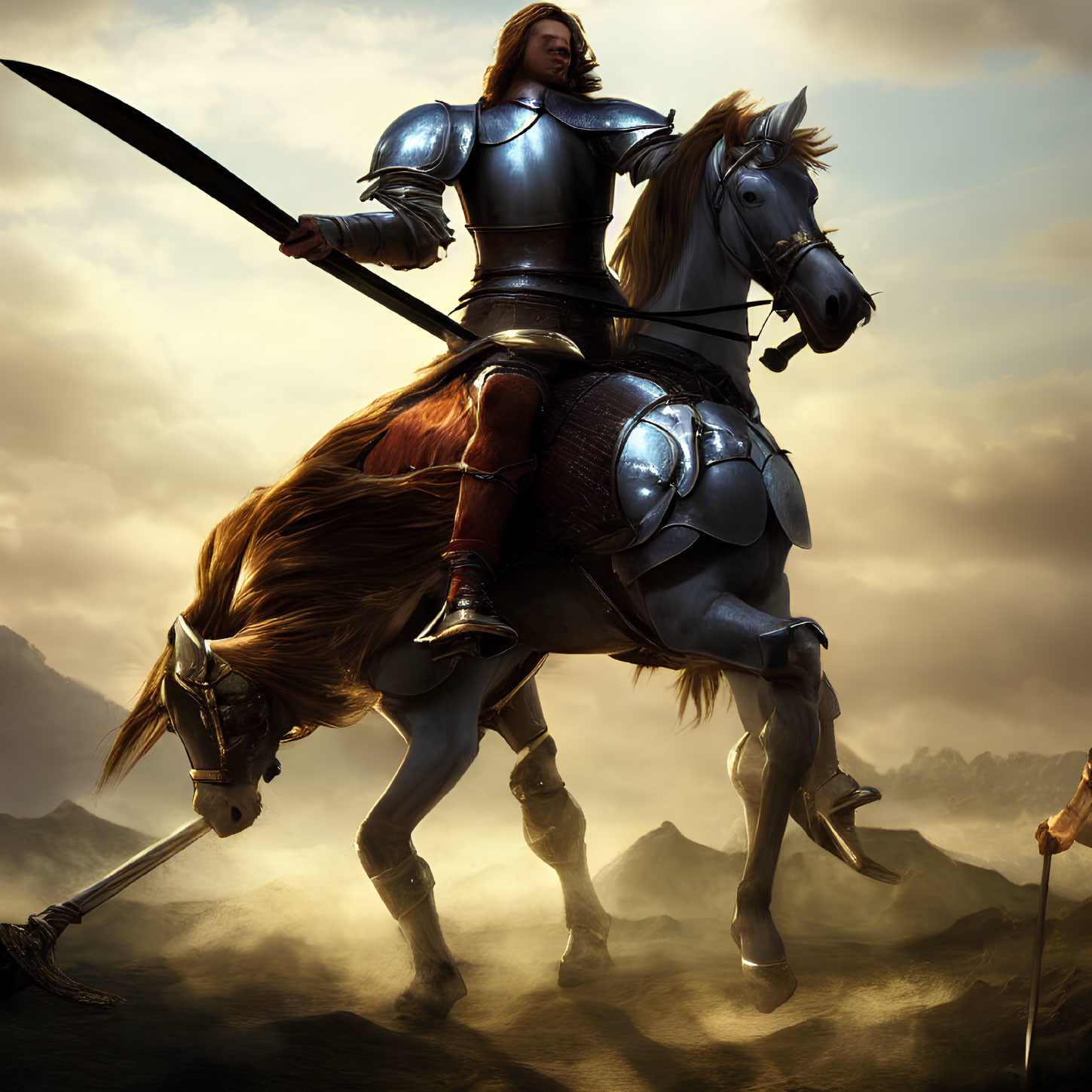 Knight in Shining Armor on Rearing Horse with Long Sword in Dramatic Cloudy Setting