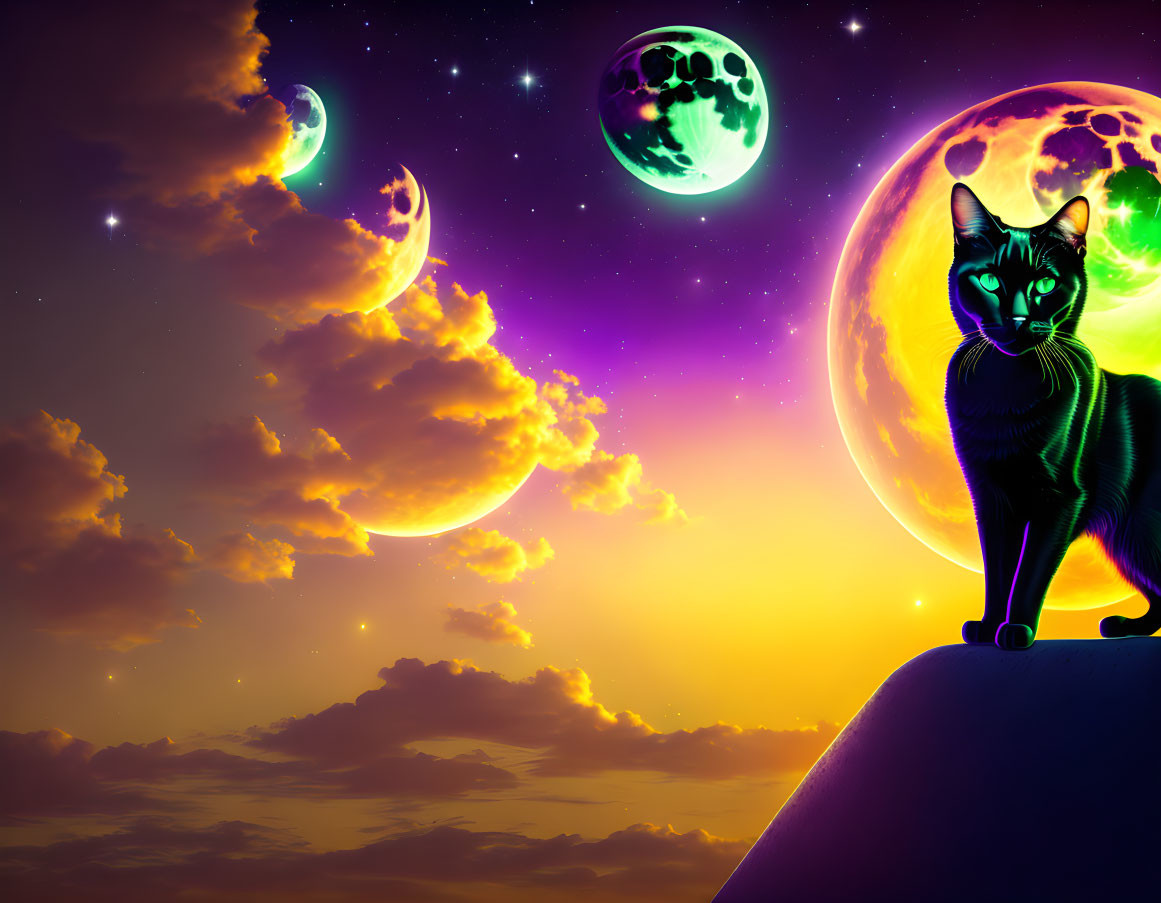 Black Cat on Cliff with Cosmic Sky Featuring Moons and Stars