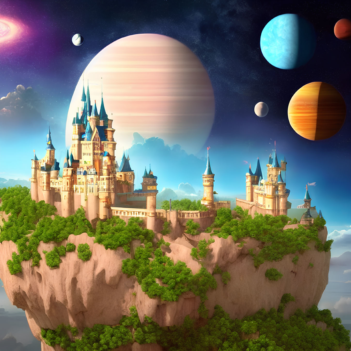 Enchanting castle on floating island with lush greenery and colorful planets in surreal sky