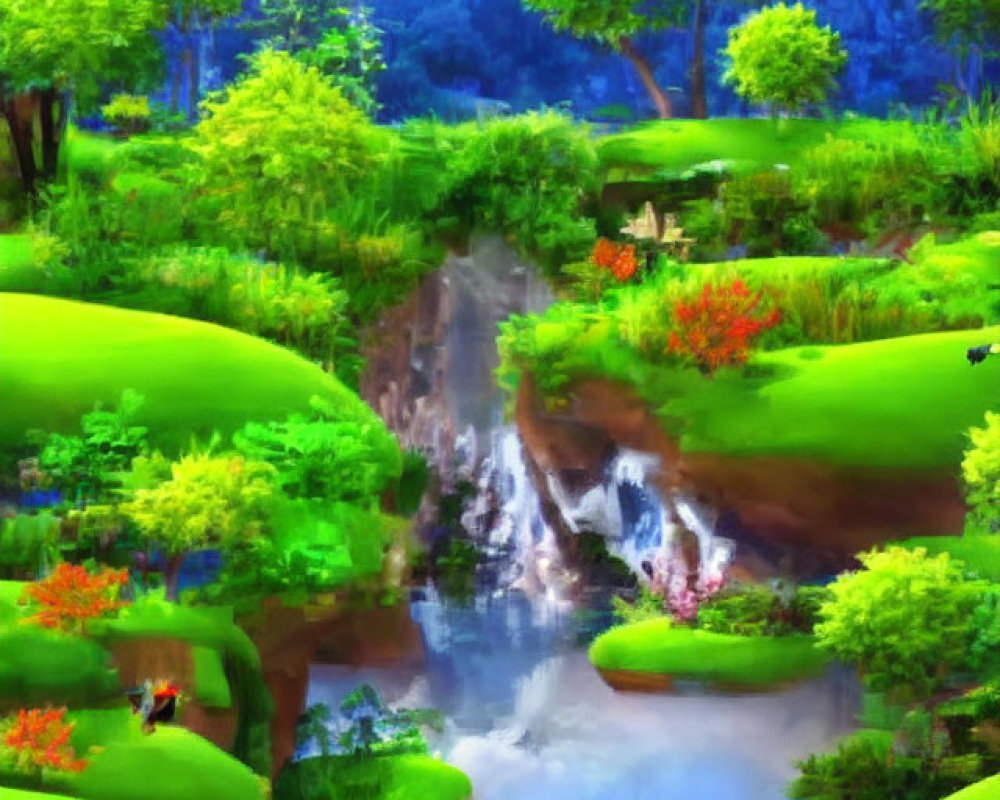 Serene landscape with waterfall, greenery, river, and mountains