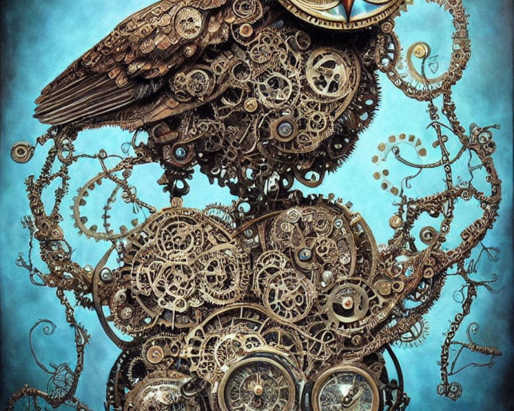 Intricate Steampunk Owl Sculpture with Mechanical Parts