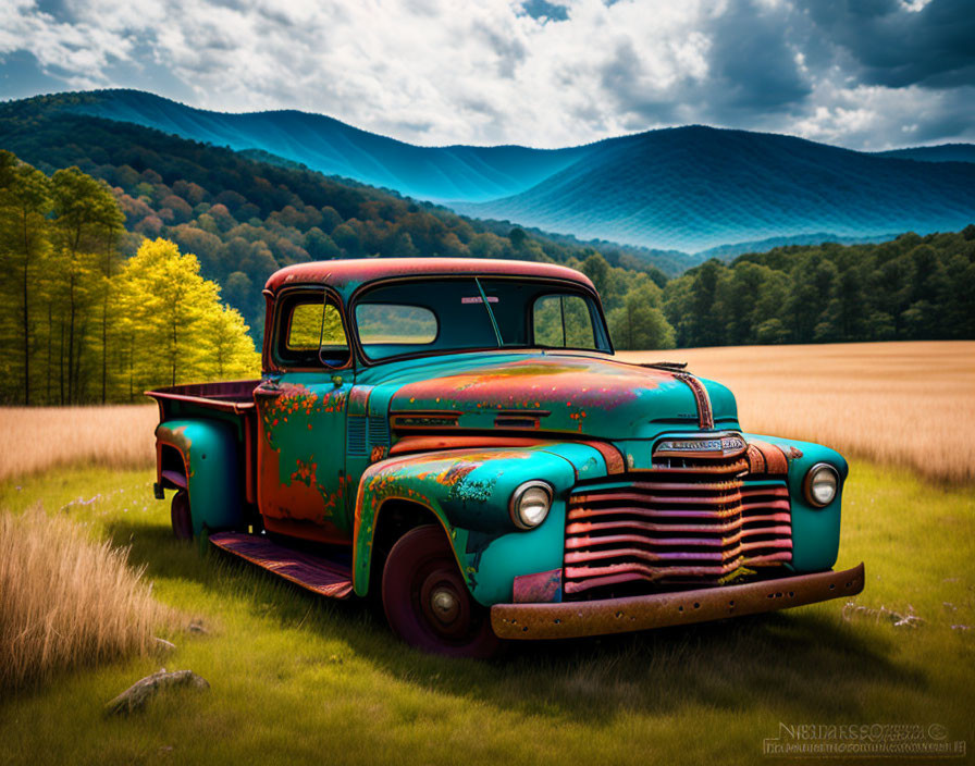 Rust-colored pickup truck in golden field with mountains and cloudy sky