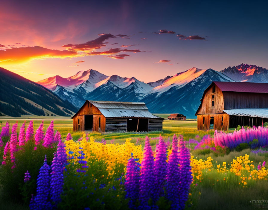 Scenic rustic barns in wildflower field with snow-capped mountains at sunset