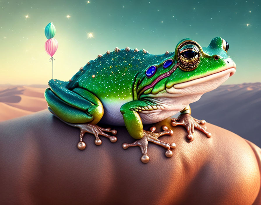 Colorful Stylized Frog with Sparkling Textures and Jewelry on Smooth Surface against Desert Backdrop