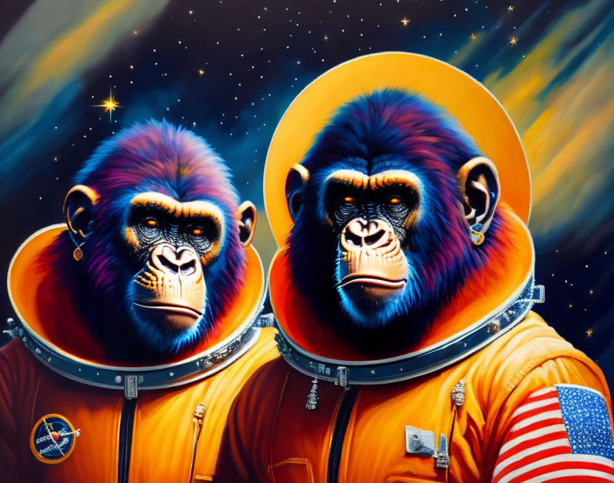 Illustrated chimpanzees in vintage astronaut suits on cosmic background