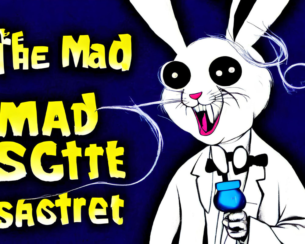 Cartoon of a white rabbit in lab coat with beaker - "The Mad MAD Scientist