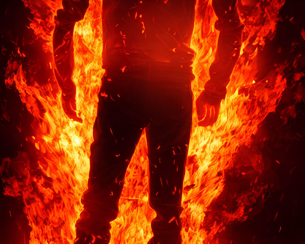 Silhouetted figure facing flames in dramatic scene