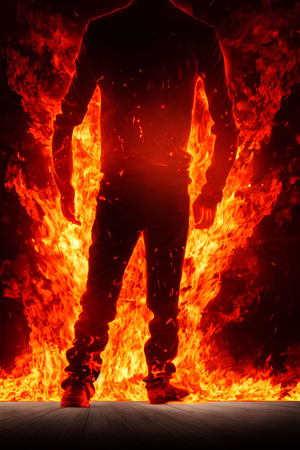 Silhouetted figure facing flames in dramatic scene