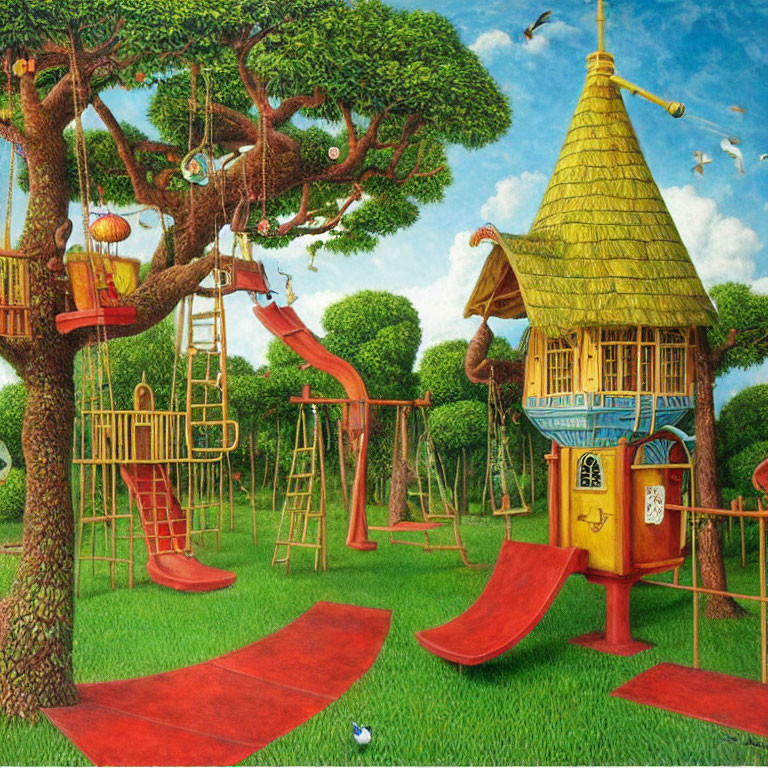Vibrant treehouse painting with slides, ladders, and birdcages in lush greenery