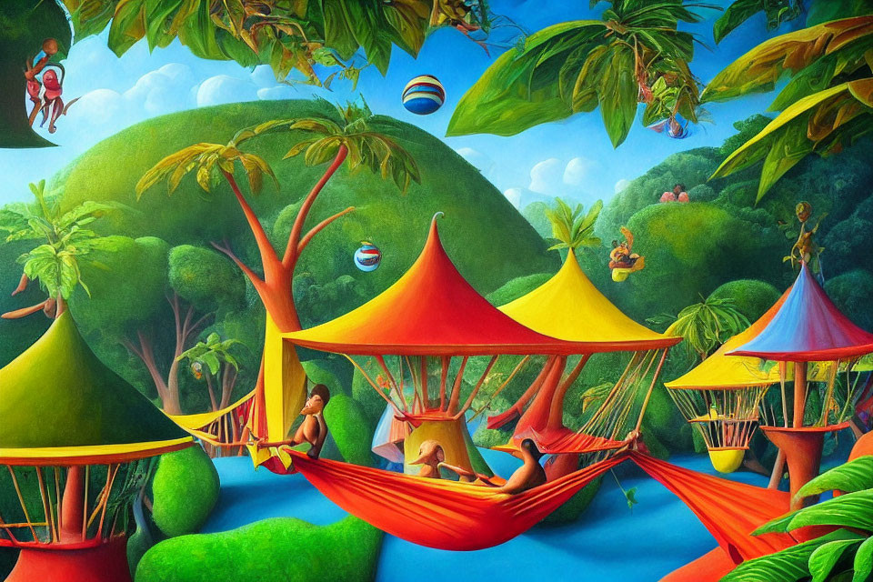 Vibrant surreal landscape with hammock tents, lounging people, oversized leaves, and floating islands