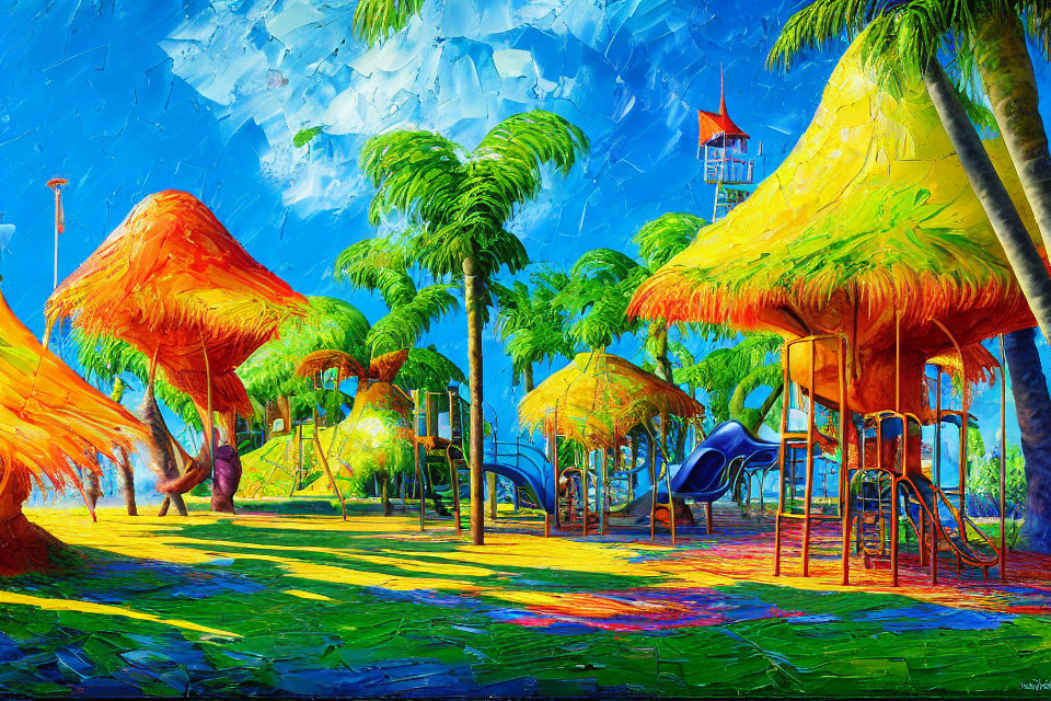 Vibrant playground painting with thatched structures, palm trees, and blue sky