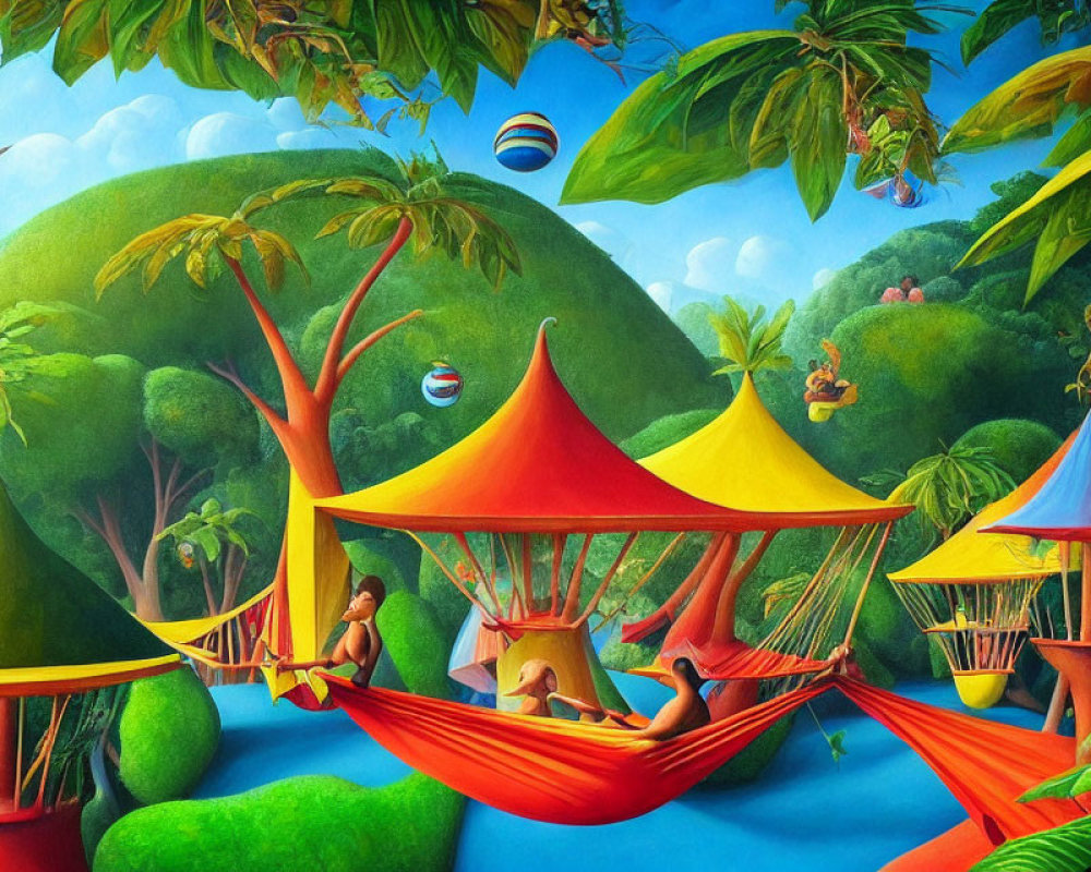 Vibrant surreal landscape with hammock tents, lounging people, oversized leaves, and floating islands