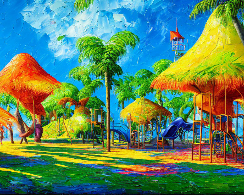 Vibrant playground painting with thatched structures, palm trees, and blue sky
