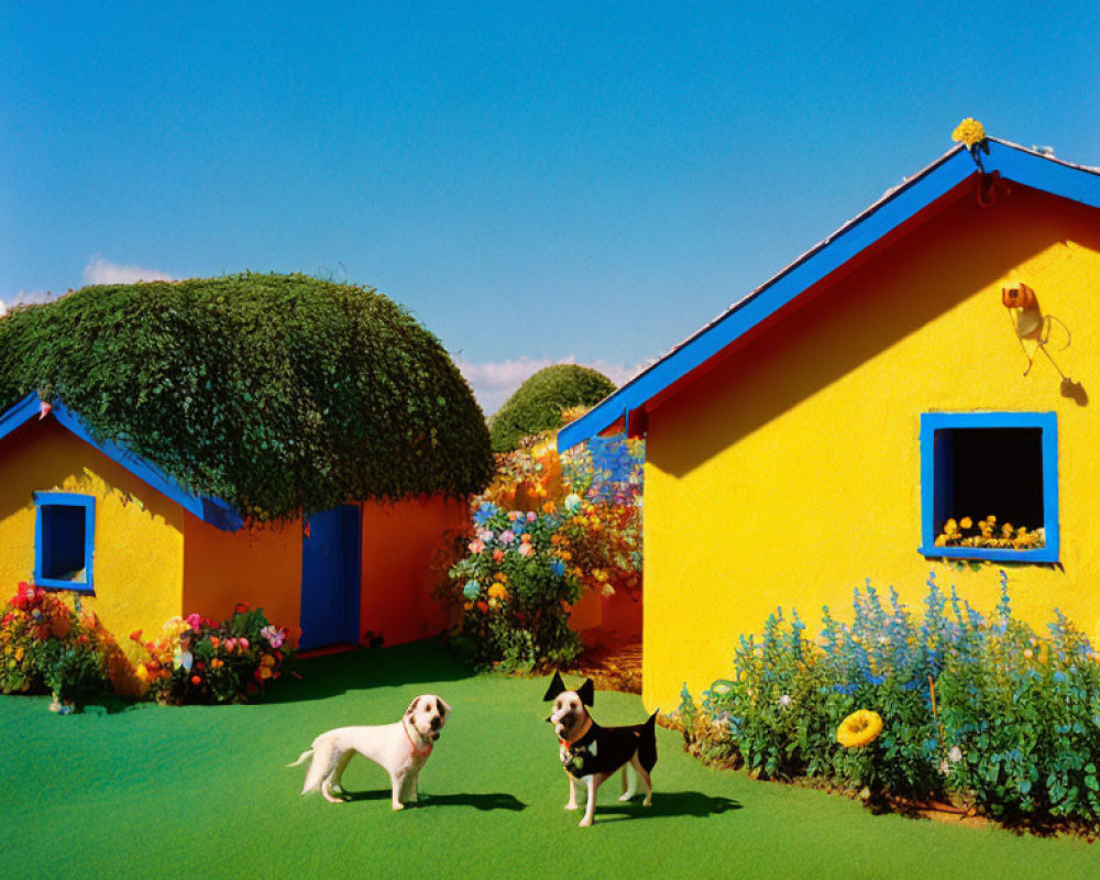 Vibrant yellow house with green roof, two dogs, colorful flowers, blue sky