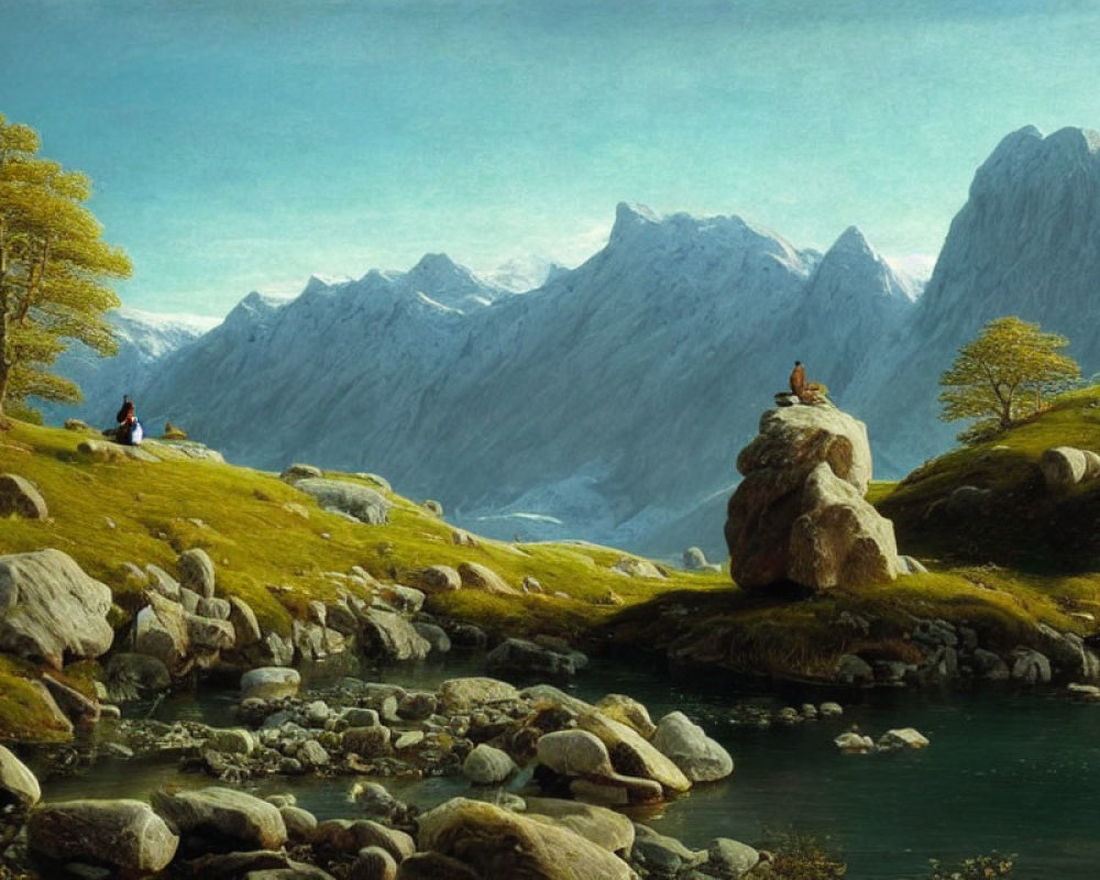 Tranquil landscape painting of clear stream, rocky banks, greenery, snow-capped mountains