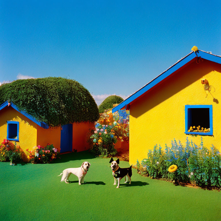 Vibrant yellow house with green roof, two dogs, colorful flowers, blue sky