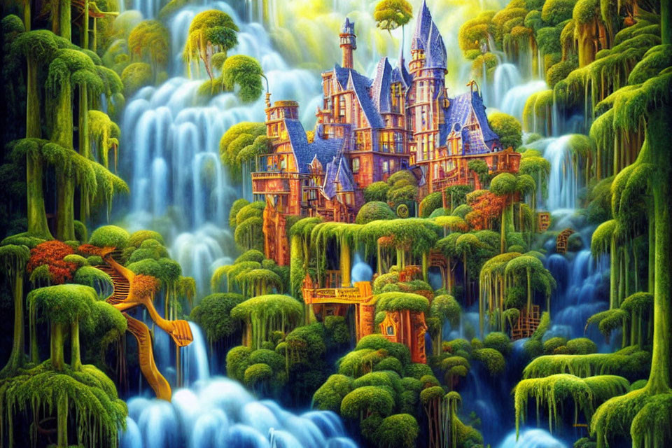 Fantastical castle surrounded by lush waterfalls and vibrant greenery