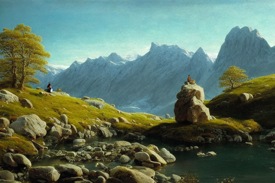 Tranquil landscape painting of clear stream, rocky banks, greenery, snow-capped mountains