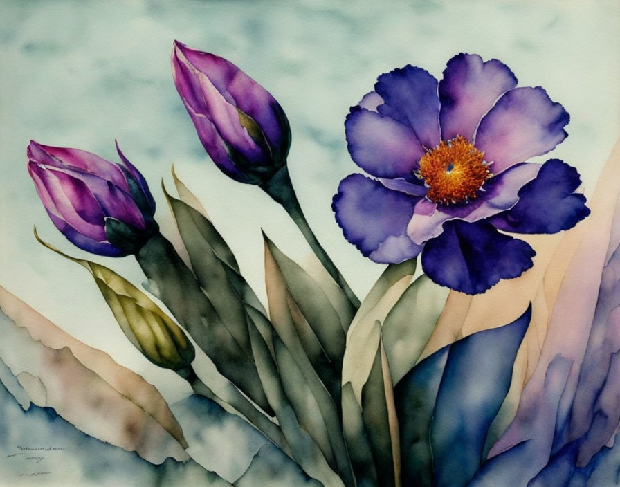 Vibrant watercolor painting of blue flower with purple buds on blue backdrop