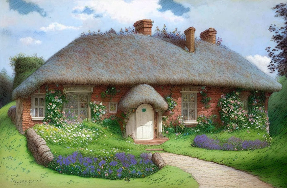 Thatched Roof Cottage Surrounded by Gardens and Cobblestone Path