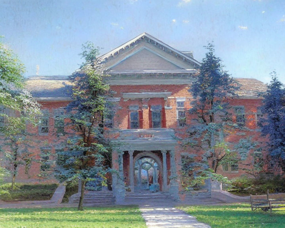 Red-brick building with white columns and trees in clear sky