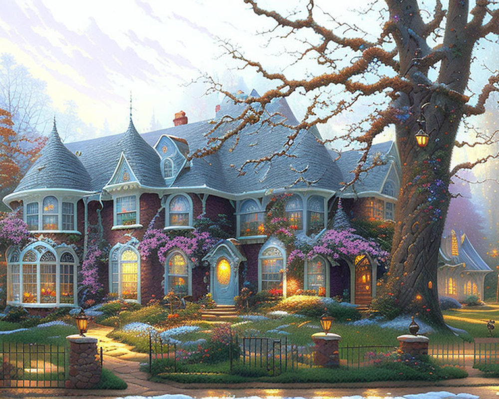 Victorian-style house at twilight with lit windows, blossoming trees, and manicured lawn