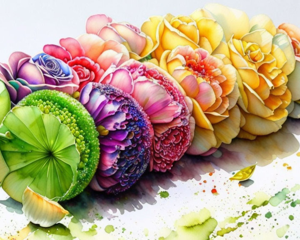 Colorful Watercolor Flowers and Succulents with Paint Splatters