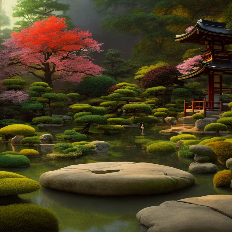 Serene Japanese Garden with Cherry Blossoms and Pagoda