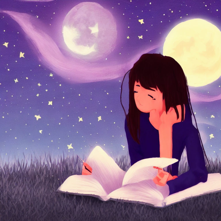 Young girl reading book under full moon on grass