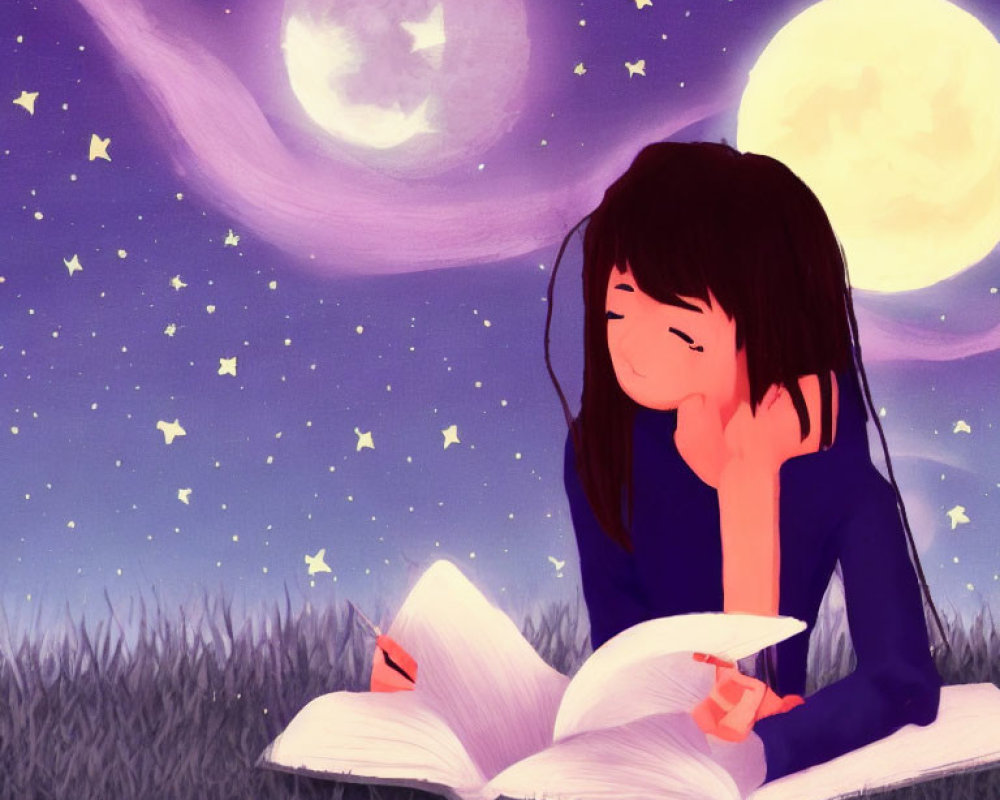 Young girl reading book under full moon on grass