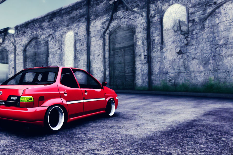 Red Car with White Rims Parked at Old Building with Arched Windows and Graffiti