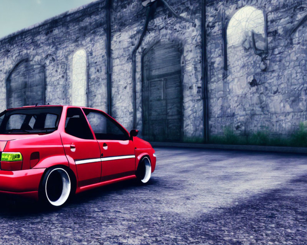 Red Car with White Rims Parked at Old Building with Arched Windows and Graffiti