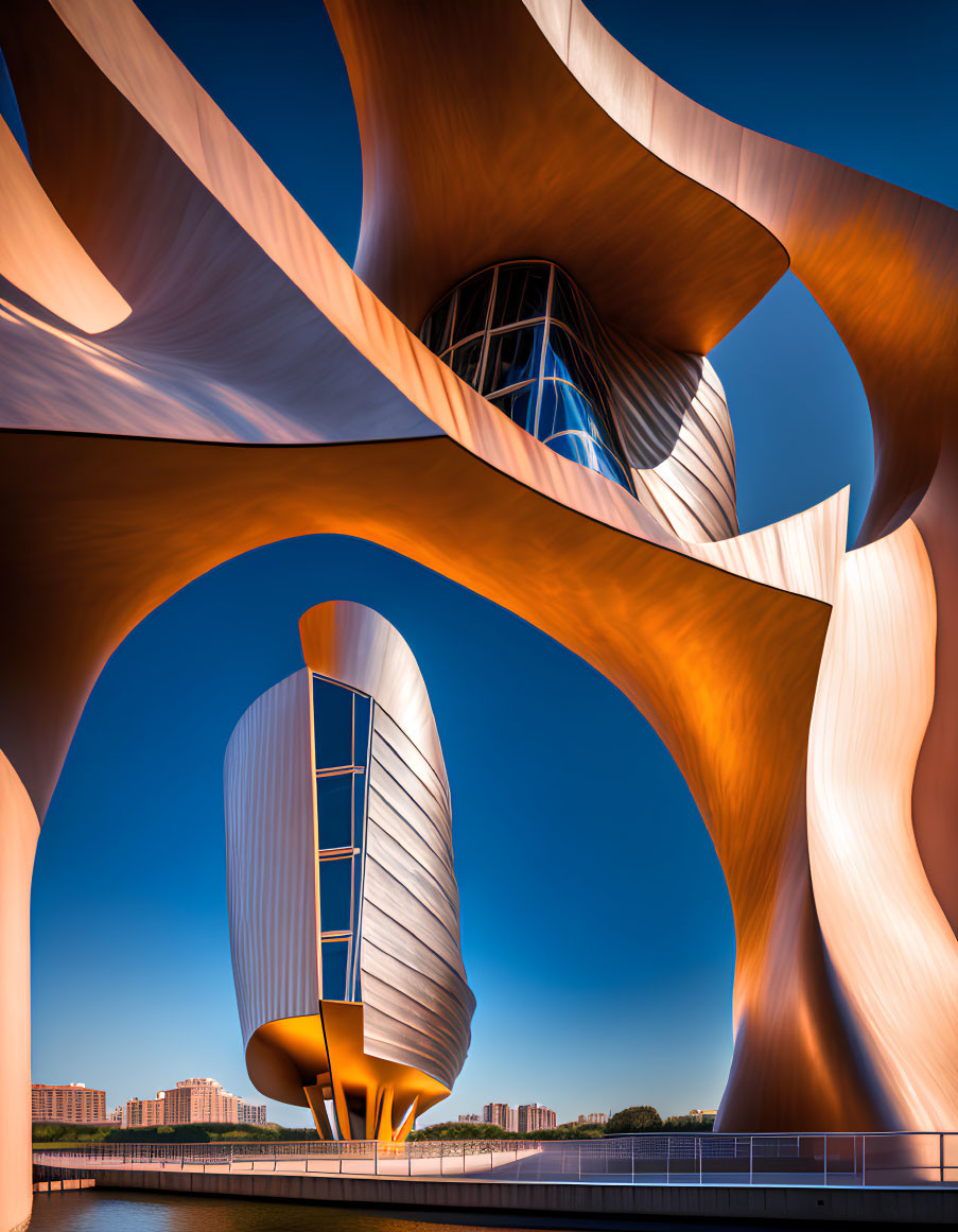 Abstract Futuristic Building with Orange Walls and Silver Oval Structure on Blue Sky