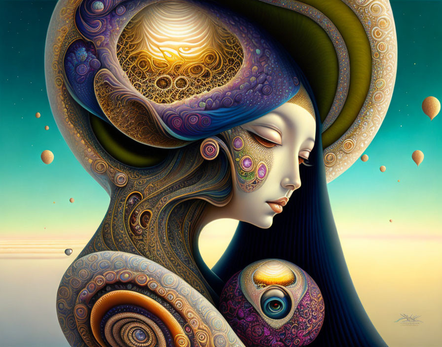 Surreal Artwork: Woman with Ornate Headdress in Blues, Golds, and Pur