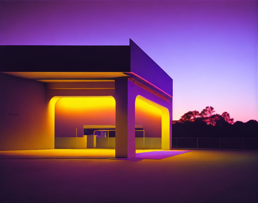 Twilight sky with purple and blue hues above modern geometric building