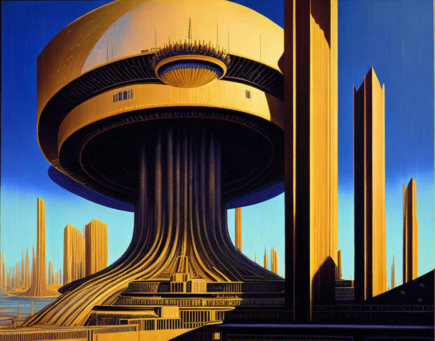 Futuristic cityscape with towering skyscrapers and saucer-like building