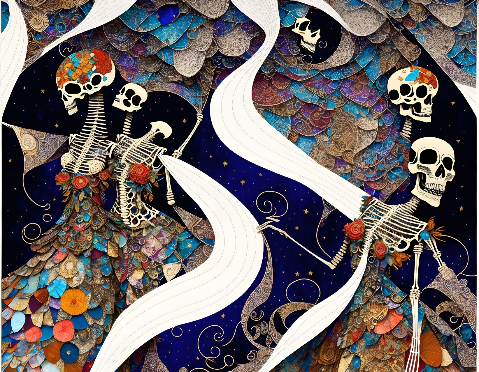 Intricate Skeleton and Skull Artwork with Cosmic Floral Motifs