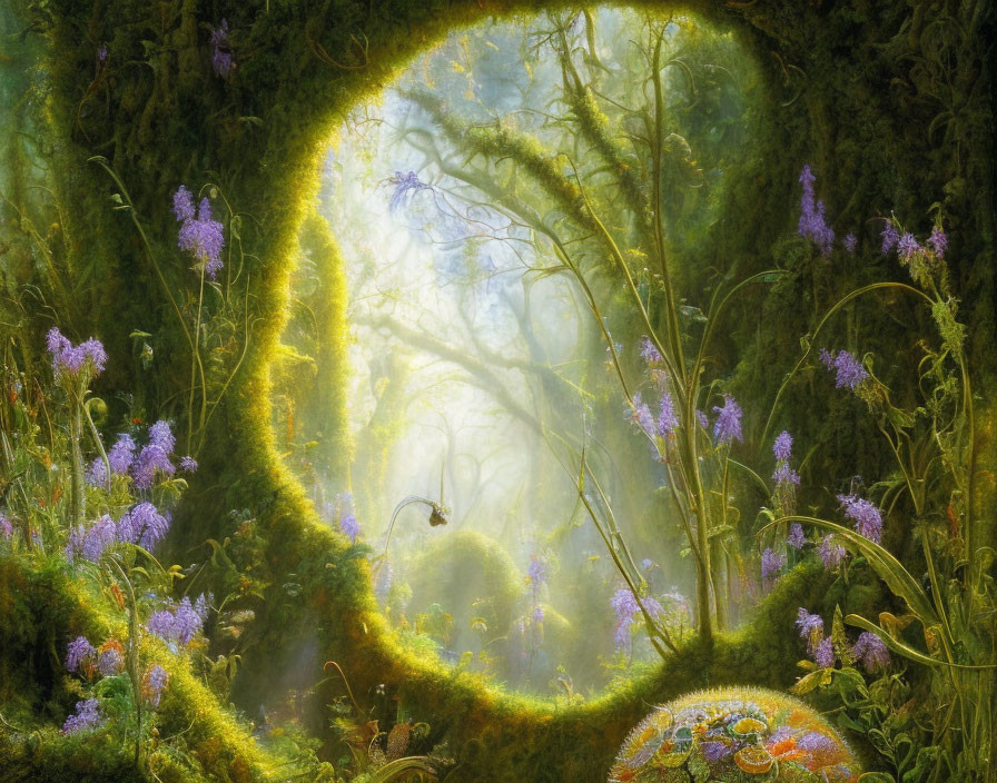 Mystical enchanted forest with sunlight, purple flowers, and moss-covered branches