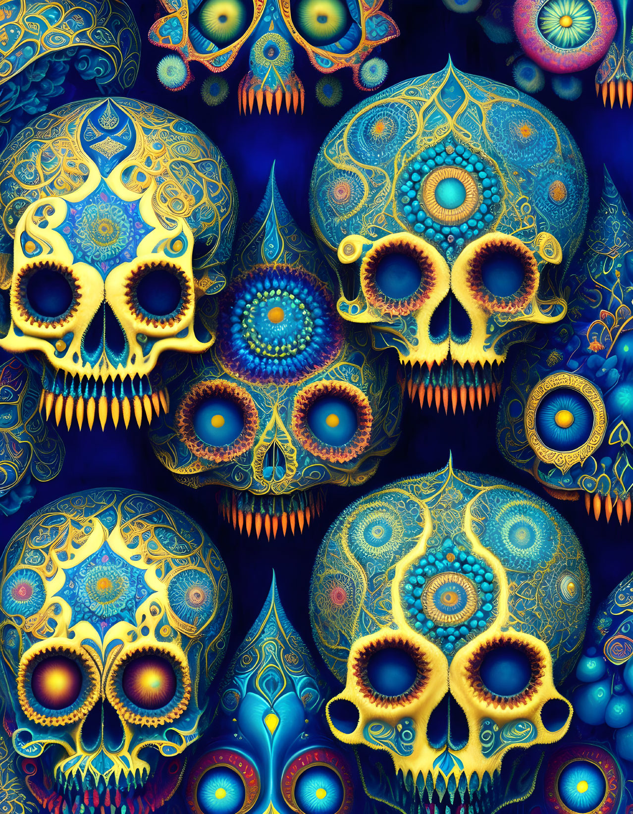 Colorful psychedelic artwork: ornate skulls, intricate patterns, eye-like mandalas on dark background