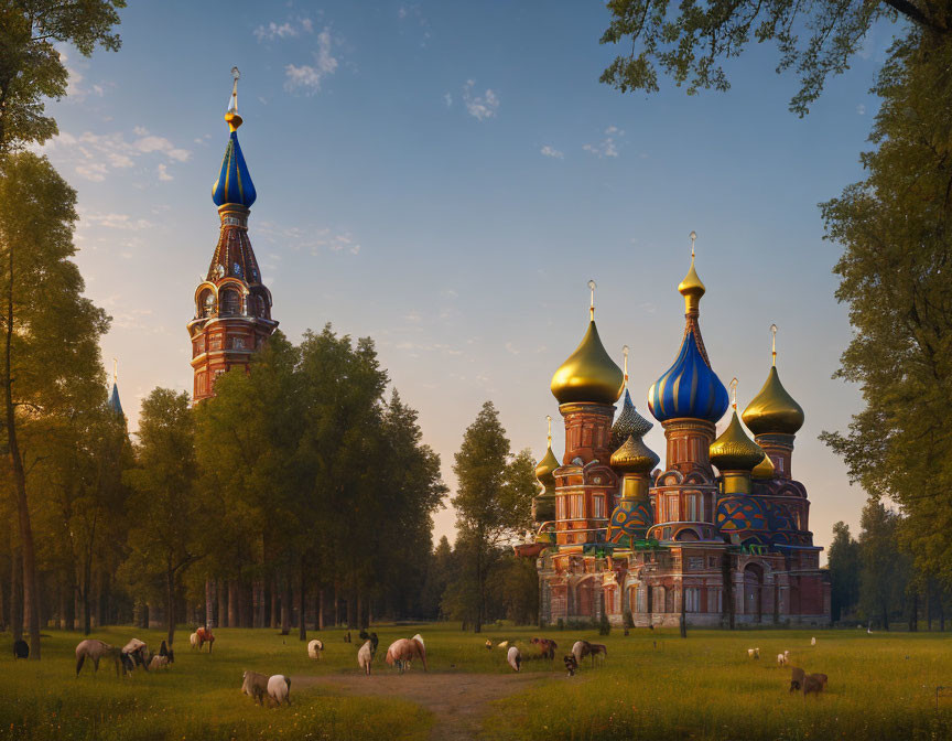 Colorful Orthodox cathedral with onion domes in serene forest landscape