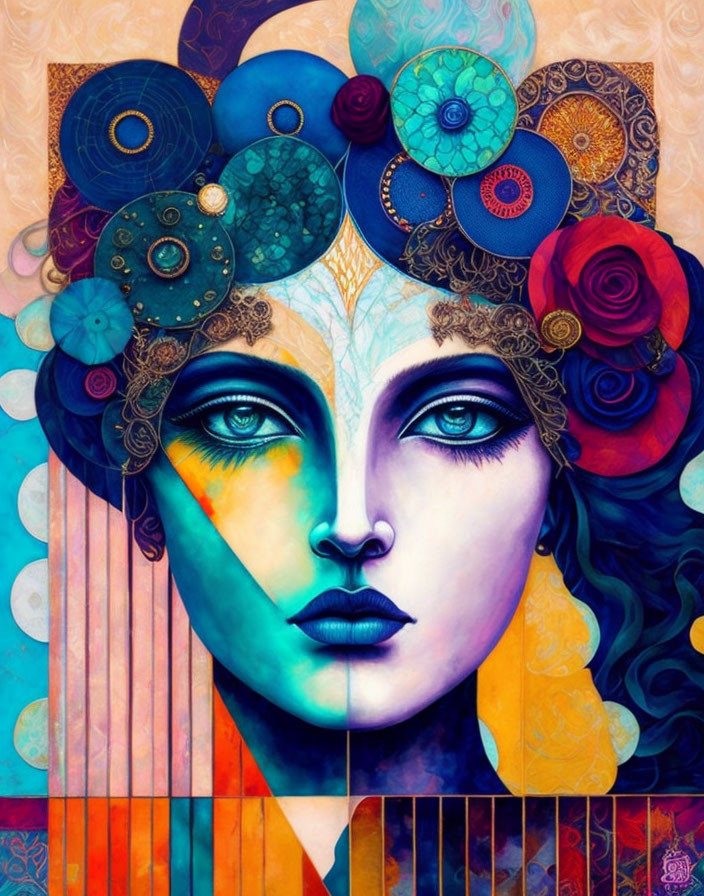 Vibrant portrait featuring blue skin and decorative patterns