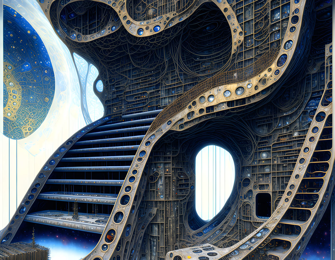 Intricate futuristic city with metallic structures and celestial bodies