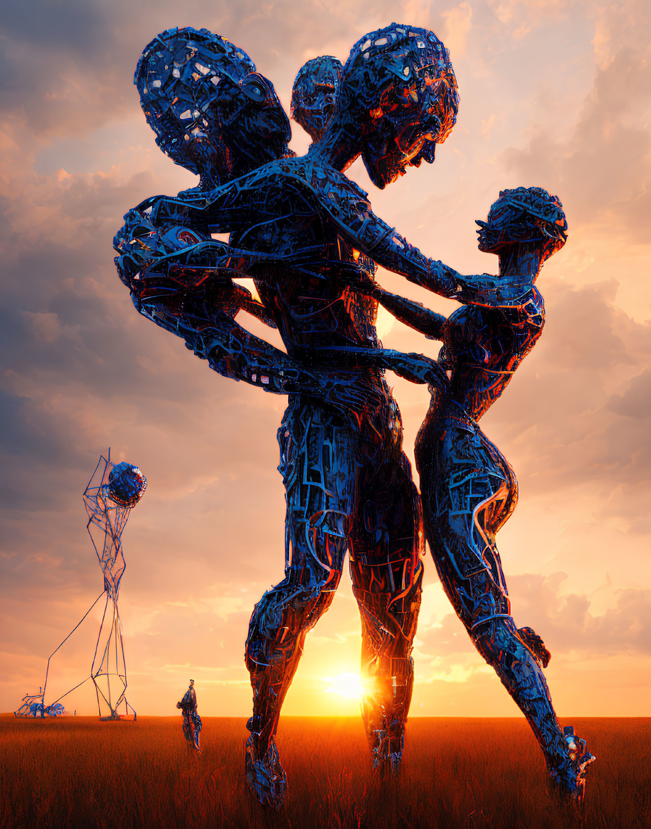 Metal humanoid sculptures embrace at sunset with lone figure nearby