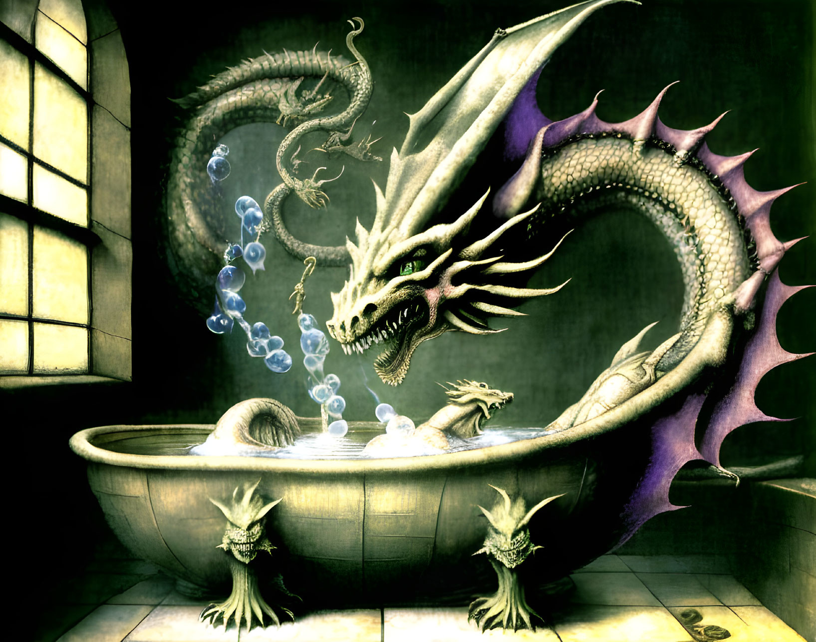 Mystical dragon bathing in ornate tub with gleaming scales