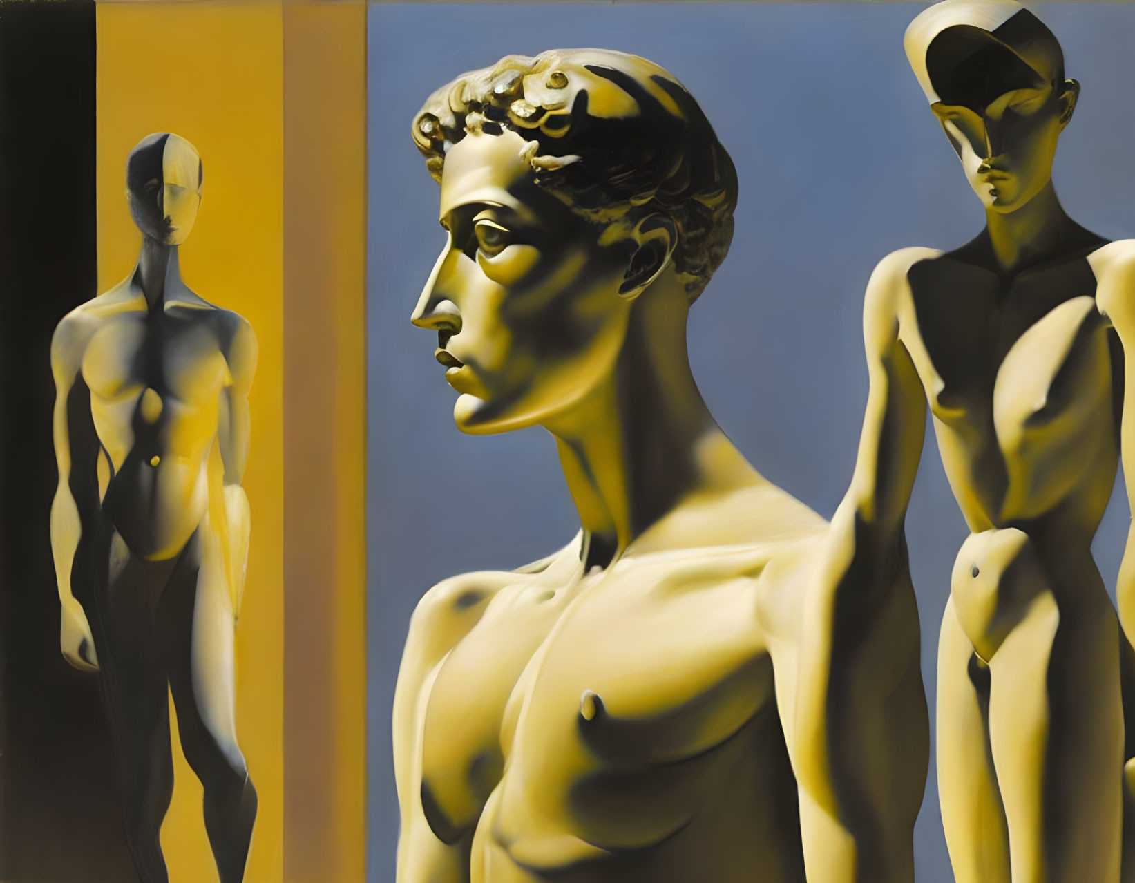 Abstract surreal art: Three stylized figures with exaggerated features on split yellow and blue backdrop