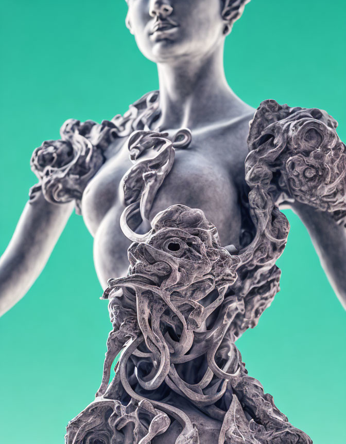 Intricate stone sculpture of female figure with swirling designs on teal background