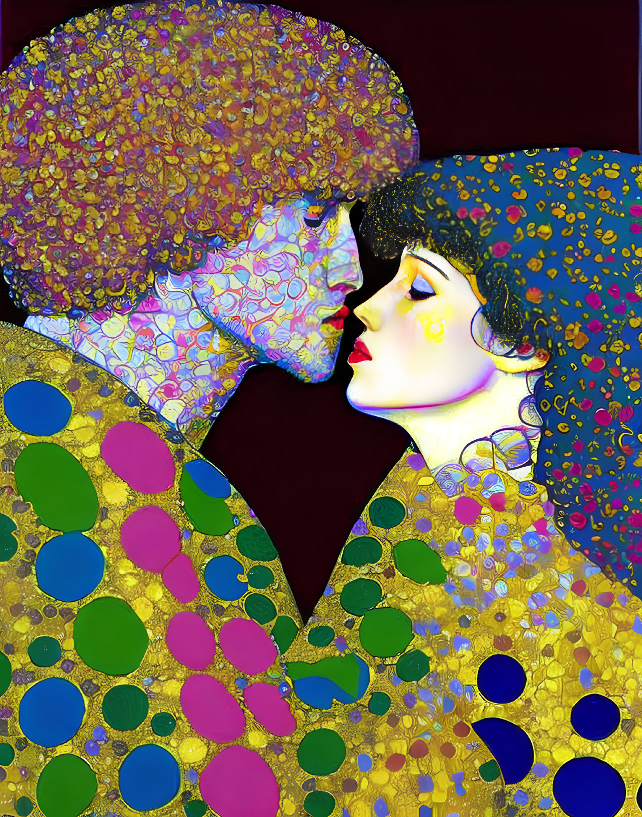 Vibrant digital art: stylized couple in intricate patterns