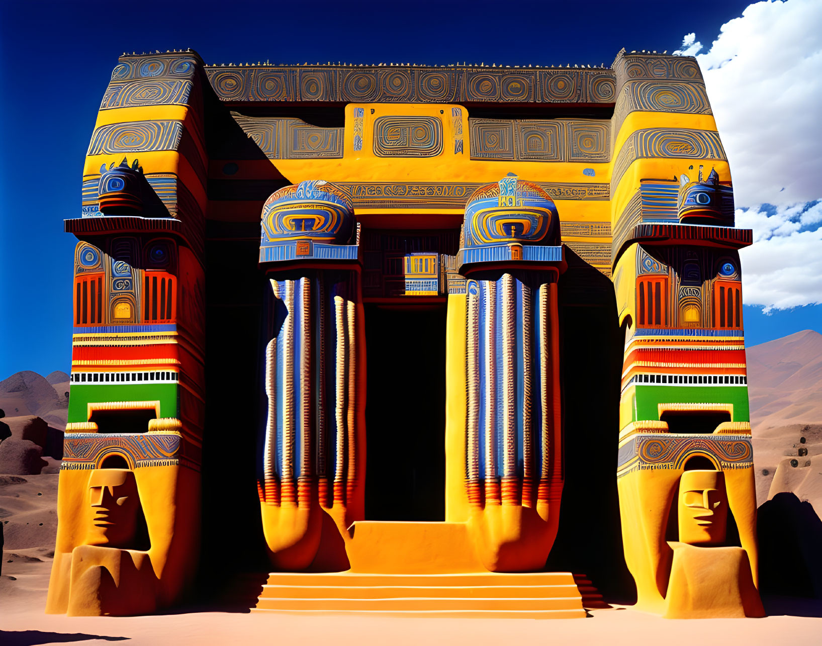 Colorful digital illustration of ancient Egyptian temple facade with hieroglyphs, statues, and desert backdrop