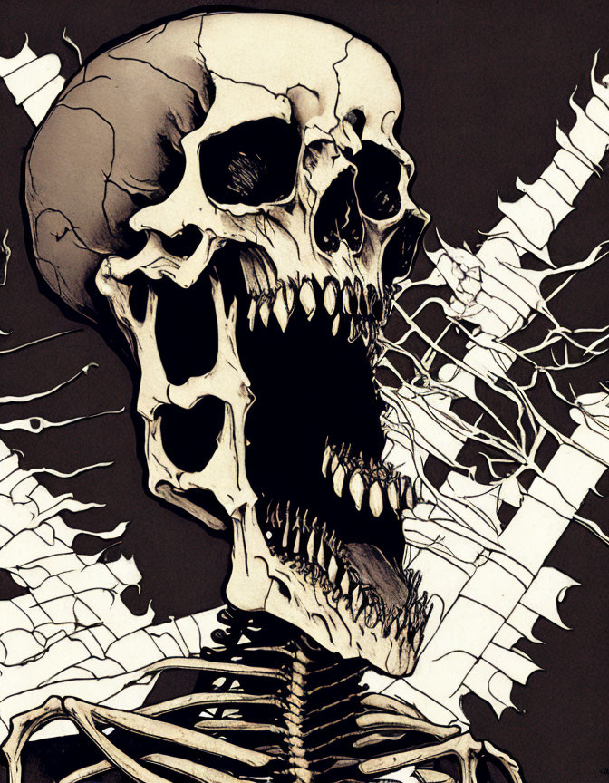 Detailed humanoid skeleton illustration with oversized skull on dark background.