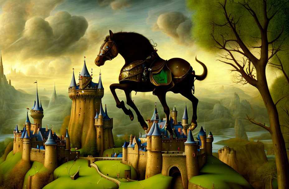 Armored horse in medieval landscape with castles and dramatic sky